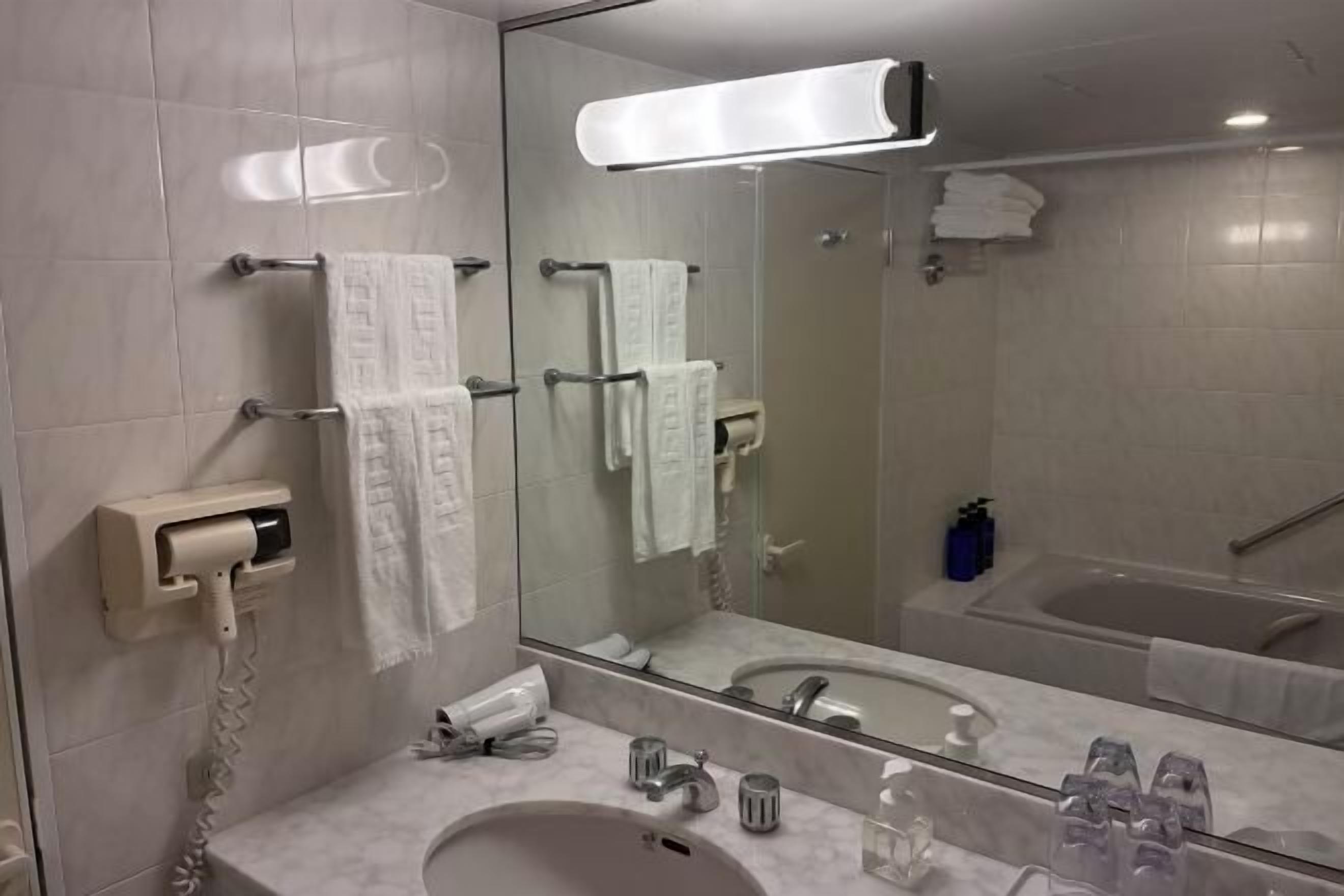 Combined shower/bathtub, free toiletries, hair dryer, slippers