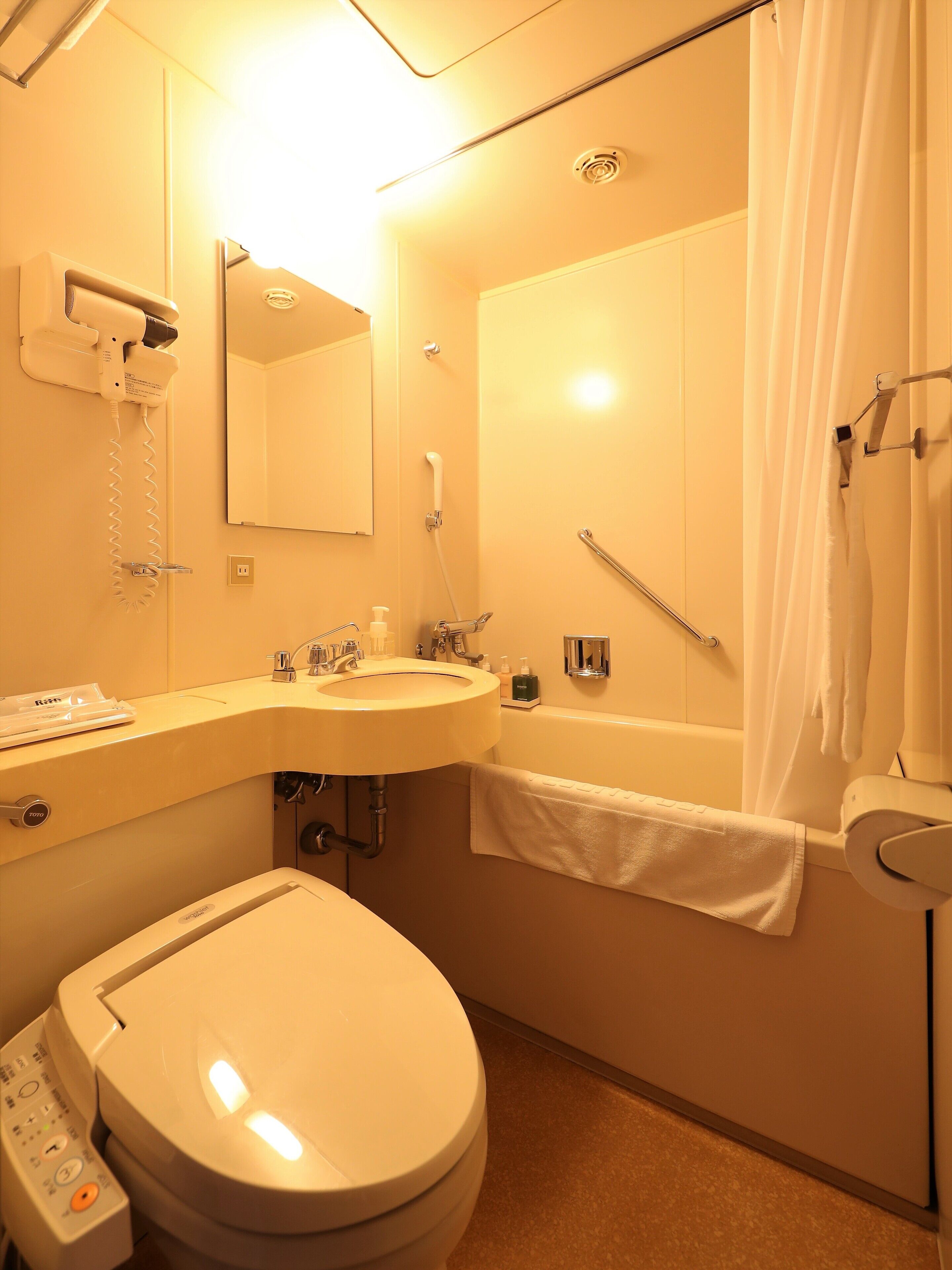 combined shower/bathtub, free toiletries, hair dryer, slippers