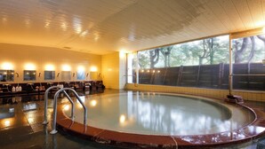 A large indoor swimming pool with a wooden ceiling, multiple shower stations, and a view of trees through large windows. - Resorpia Kumihama (Kyotango)