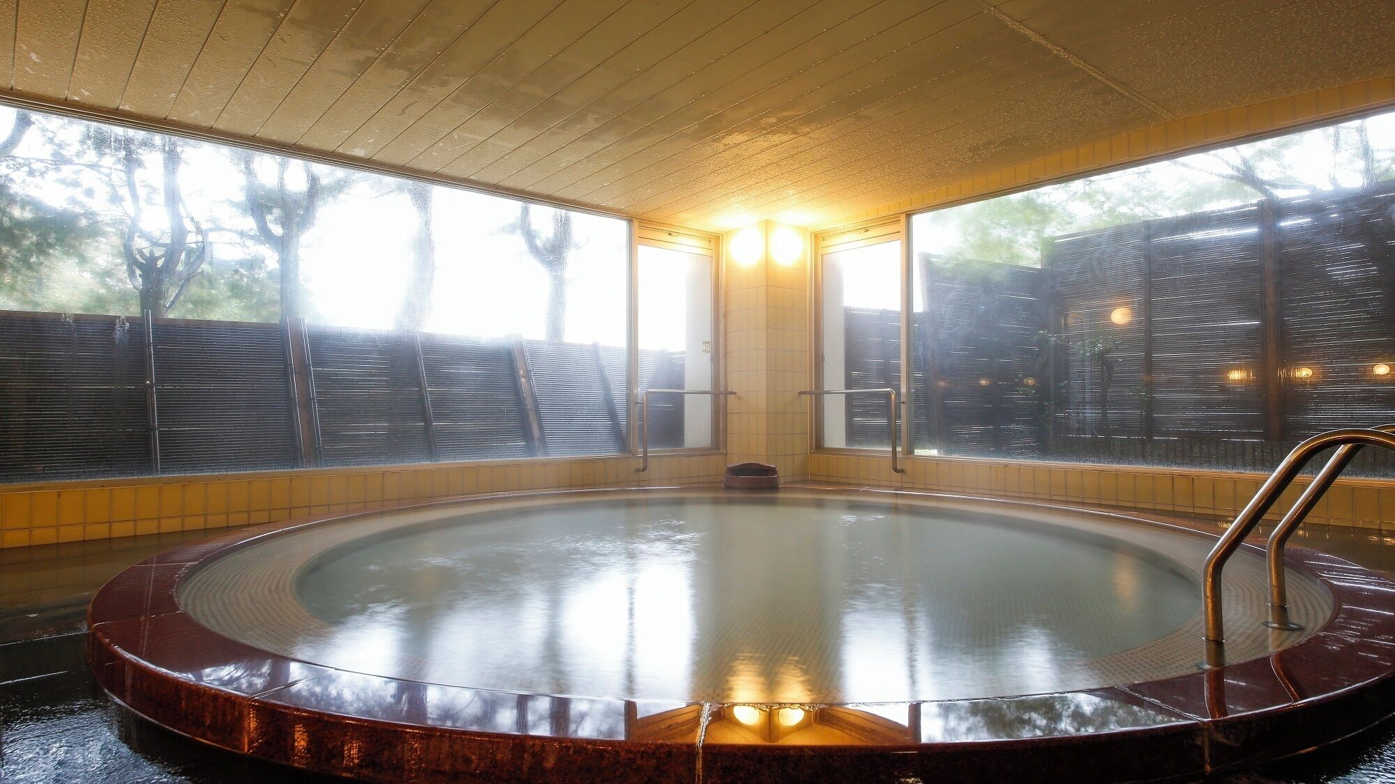 A hot tub with a wooden interior, large windows, and a metal ladder.