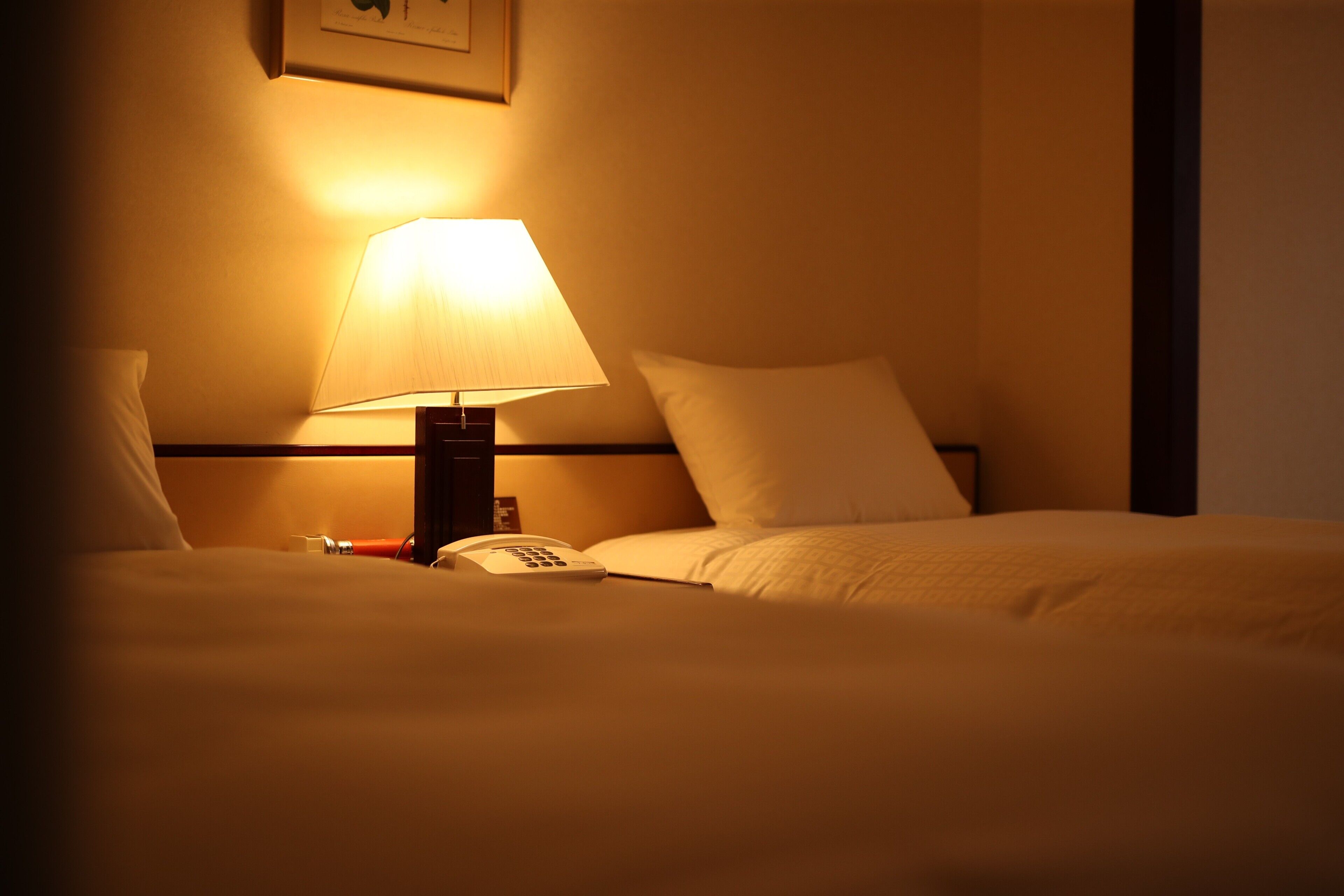 A hotel room with a bed, a bedside lamp, and a telephone.