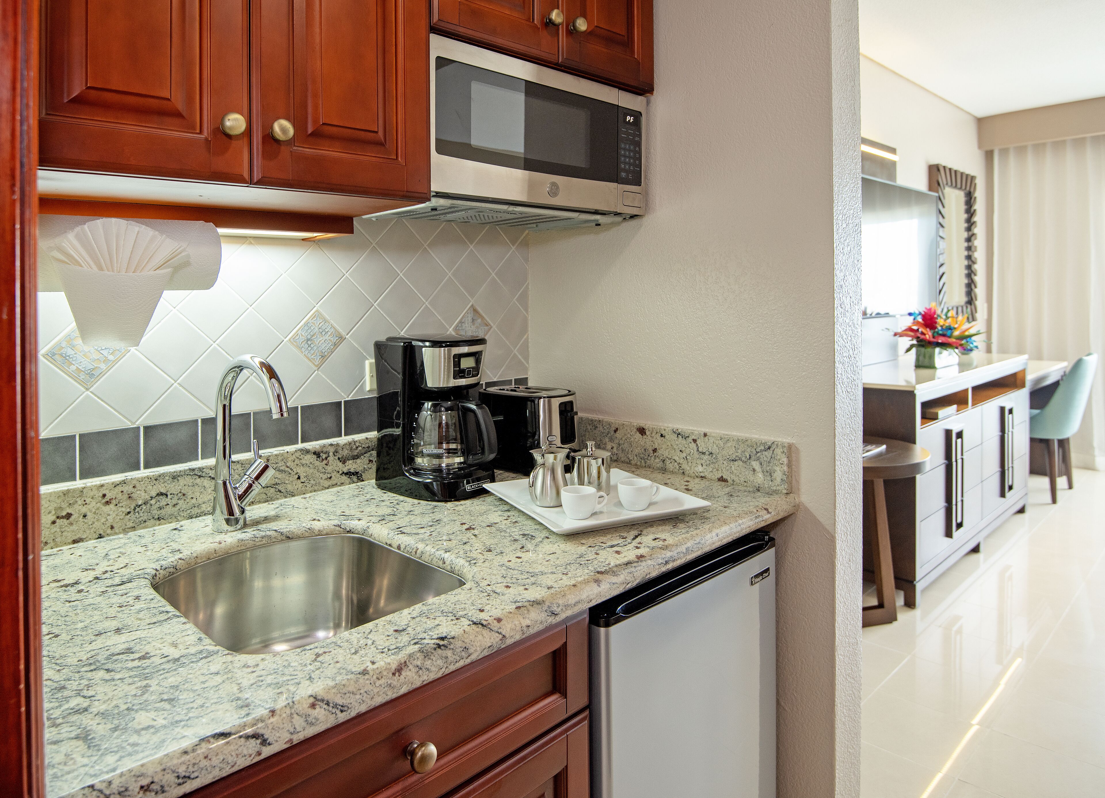 microwave, coffee/tea maker, cookware/dishes/utensils