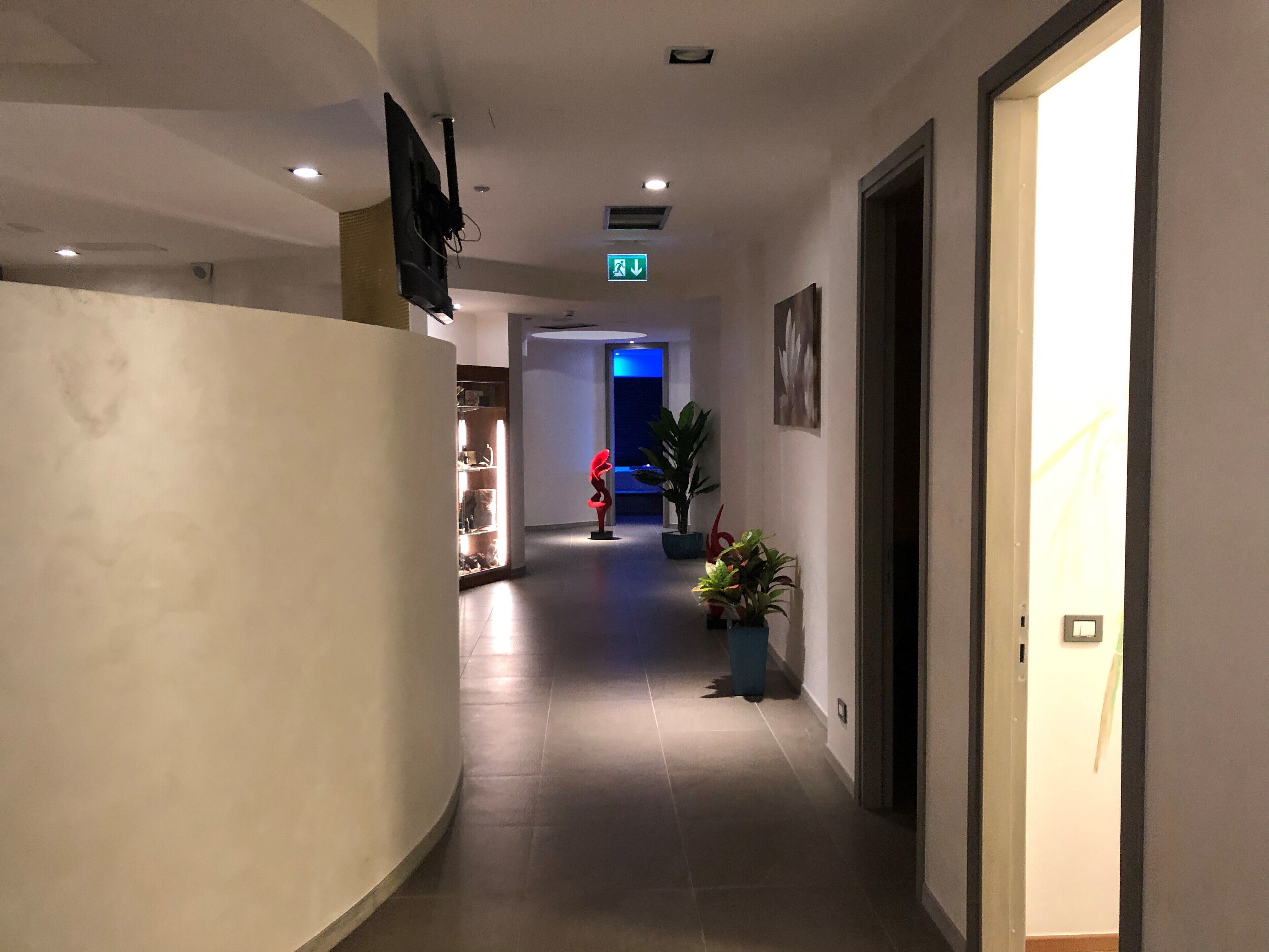 Pasillo de hotel con una zona de recepción, un letrero de salida azul, plantas en macetas y una puerta que da a otra habitación.