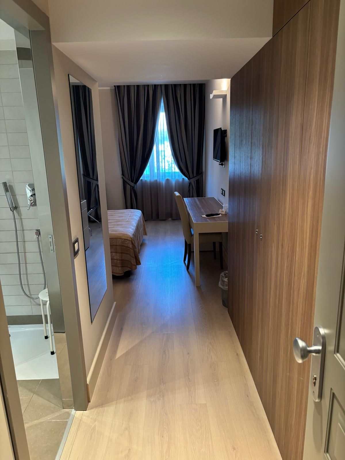 Una camera d'albergo con un letto, una scrivania, una TV e un angolo doccia.