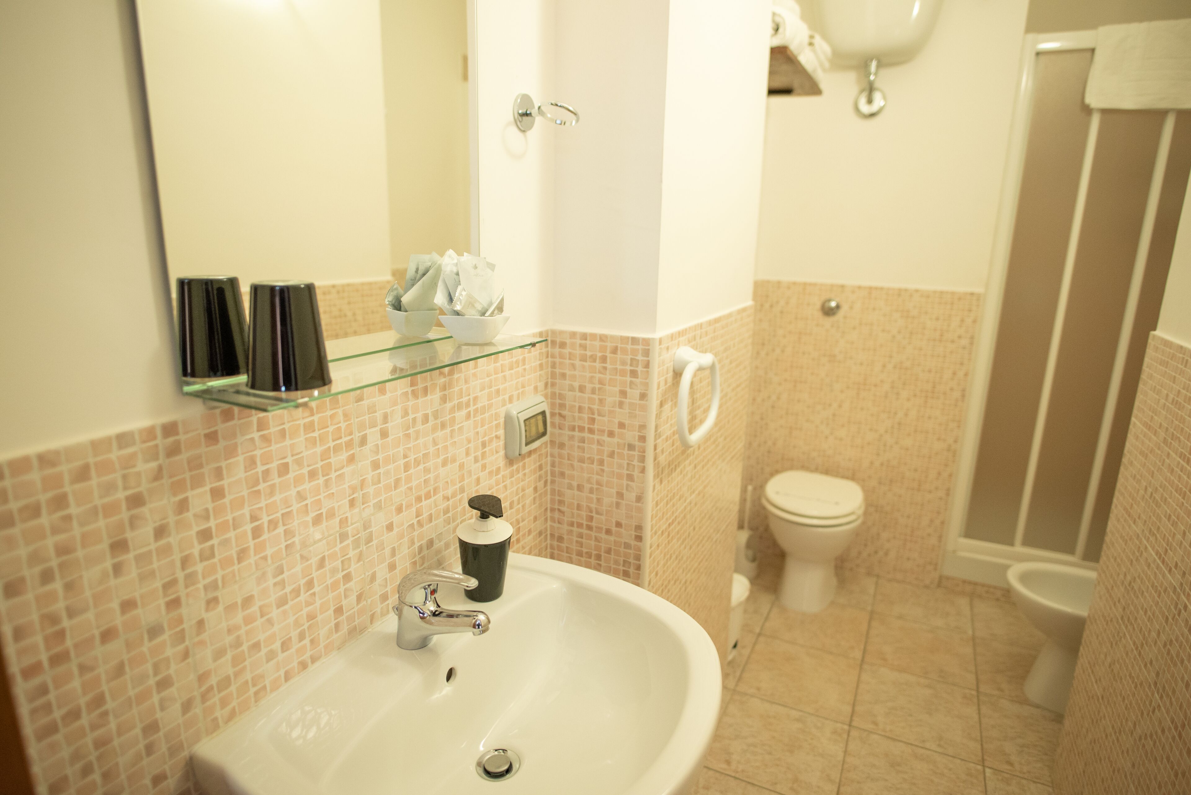 A bathroom with a white sink, a glass shelf, a toilet, and a shower area.
