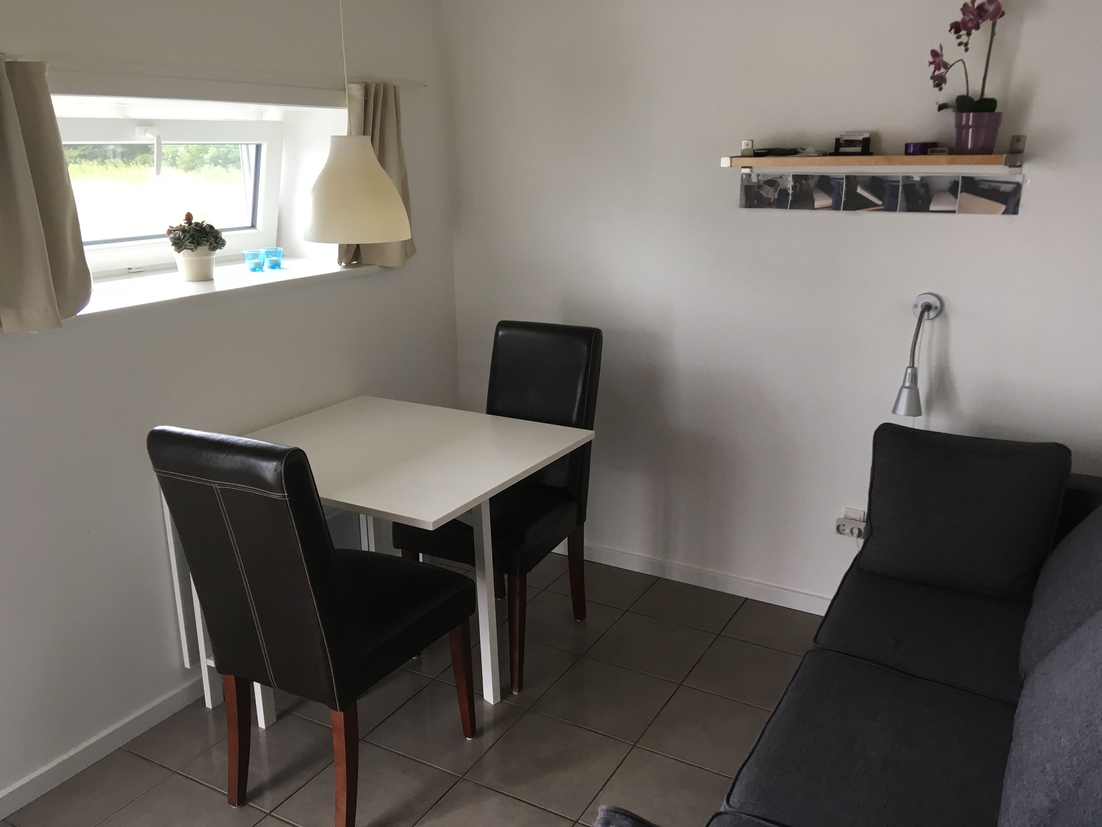 A room with a dining table and chairs, a sofa, a window with curtains, a lamp, and a shelf with a plant.