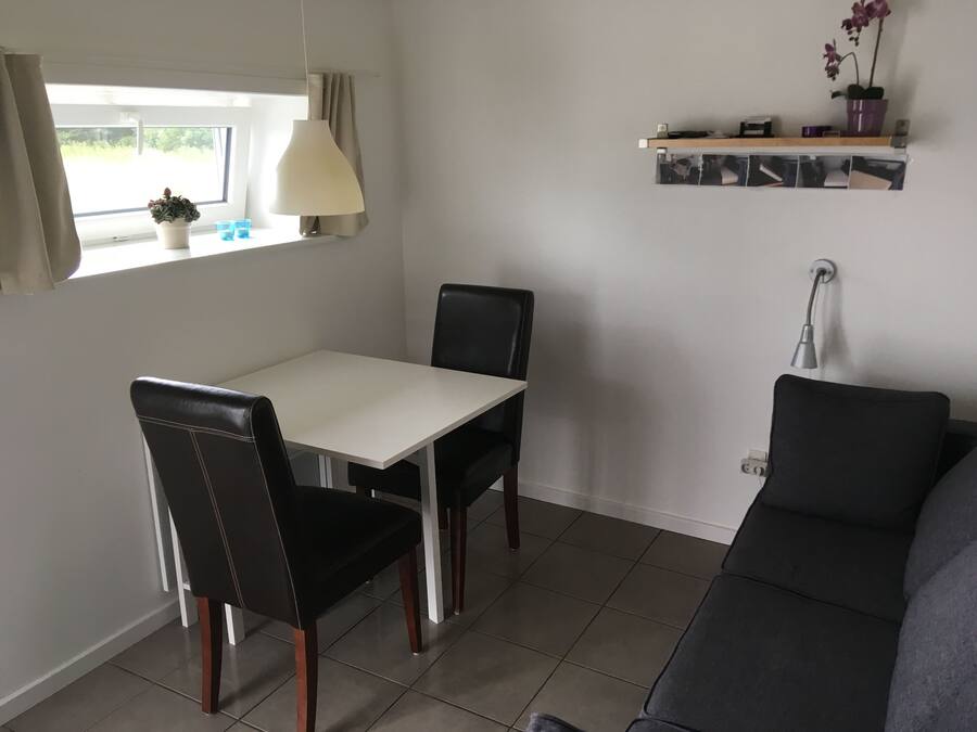 A room with a dining table and chairs, a sofa, a window with curtains, a lamp, and a shelf with a plant.