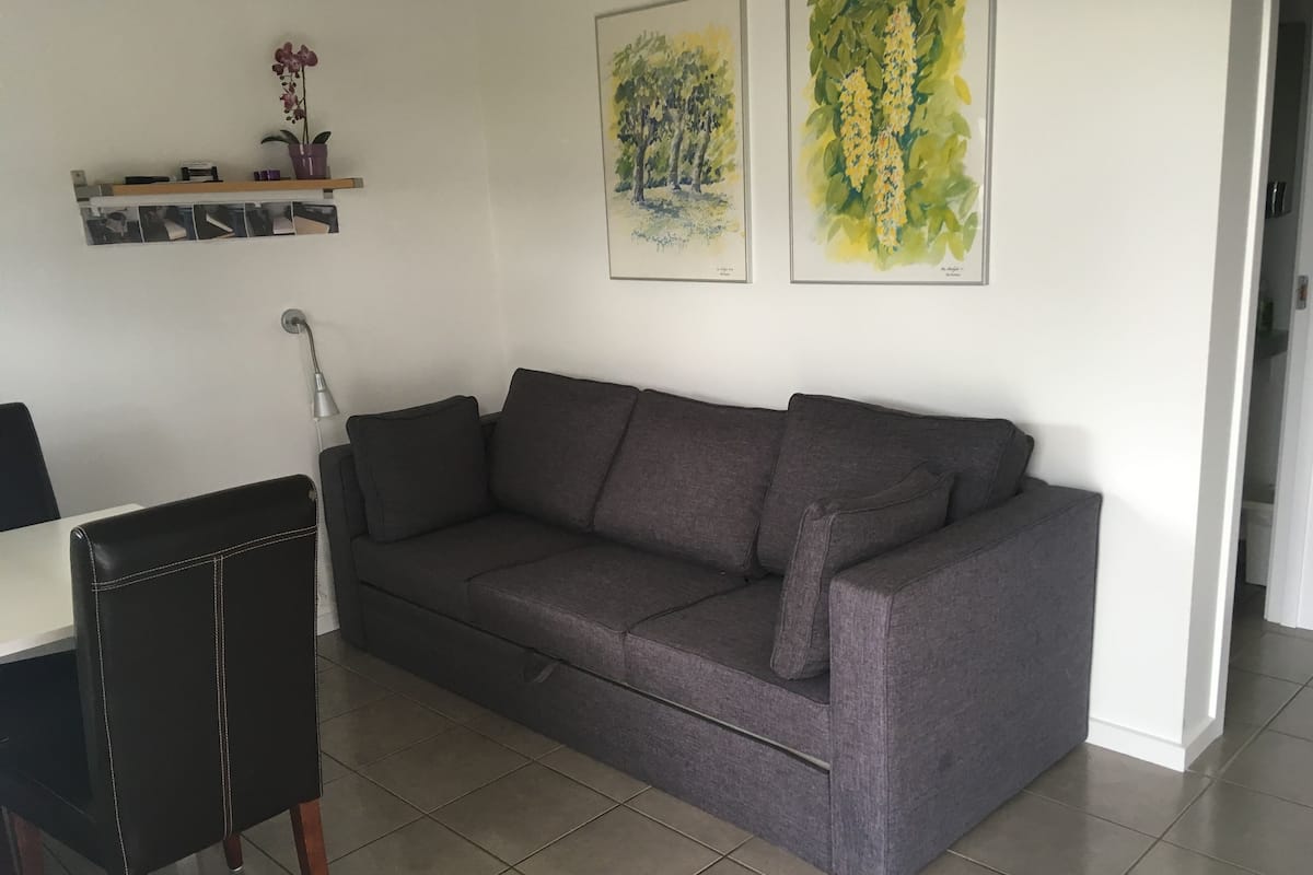 A modern living room with a grey sofa, a black chair, and a small table. There are two framed artworks on the wall and a potted plant on a shelf.