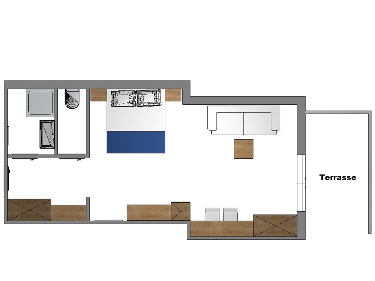 A floor plan of a hotel room with a kitchenette, a bed, a seating area, and a terrace.