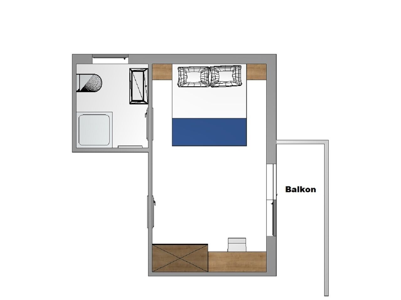 A room layout with a bed, a small table, a chair, and a wardrobe.
