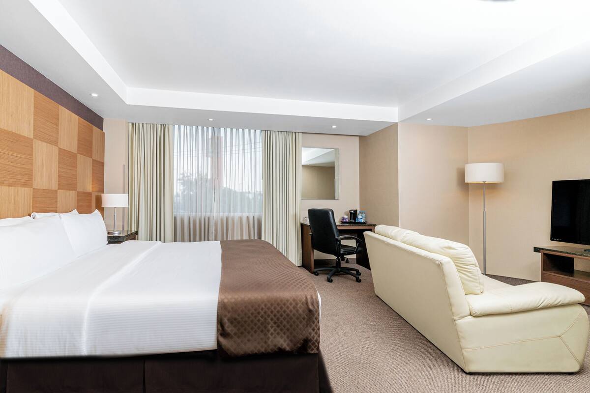 A hotel room with a large bed, a desk, a chair, and a TV.