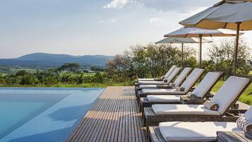 Piscina interna, piscina externa, guarda-sóis, espreguiçadeiras