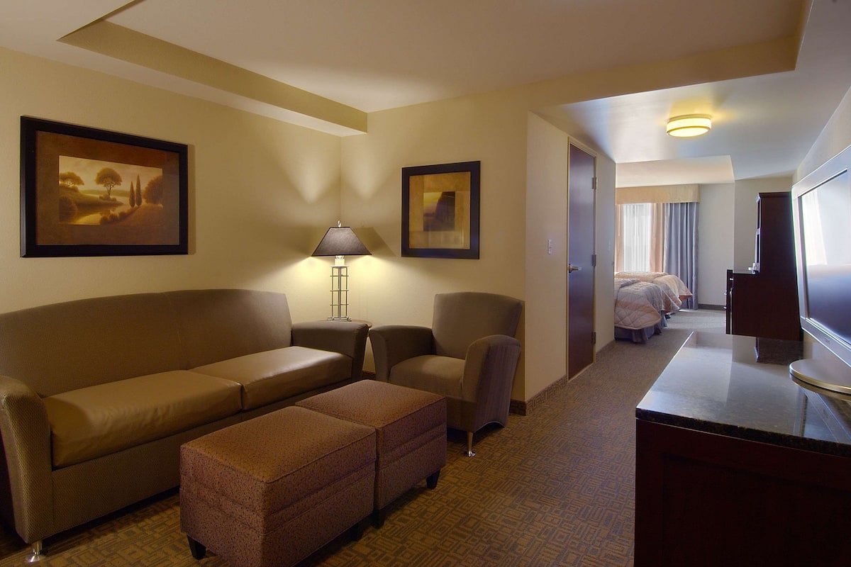 Habitación de hotel con sofá, sillón, reposapiés, escritorio con televisor de pantalla plana y cama con dos almohadas.