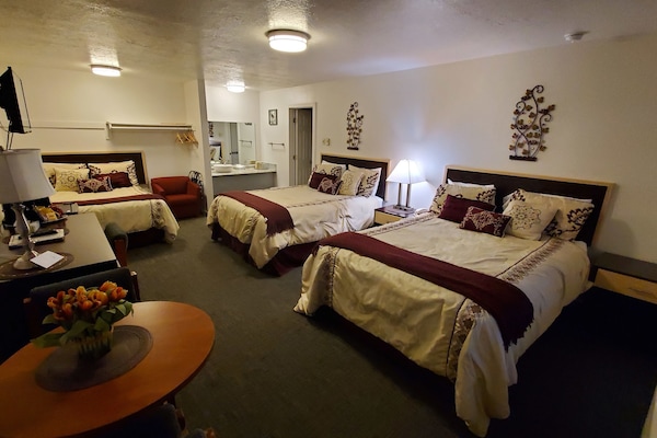 Premium bedding, desk, blackout curtains, soundproofing