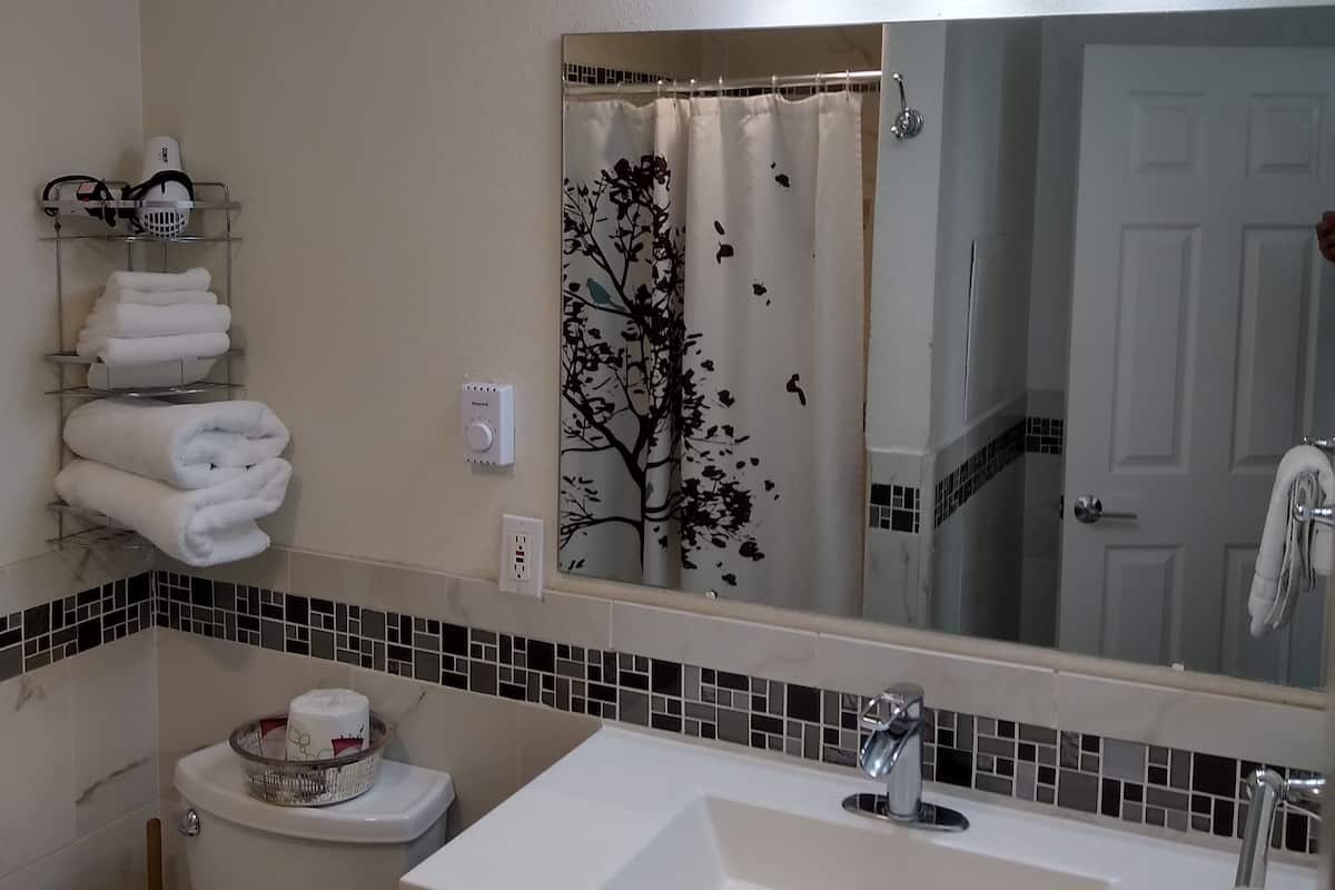 Un bagno con lavandino bianco, uno specchio, un porta asciugamani e un water.