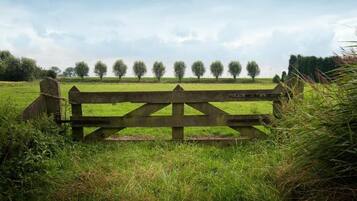 A rustic wooden gate in a grassy field with trees in the background.