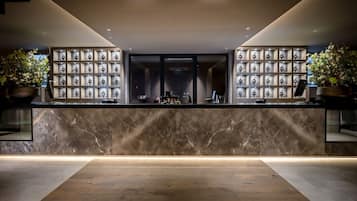 A modern reception area with a marble counter, a large window, and symmetrical wall decorations.
