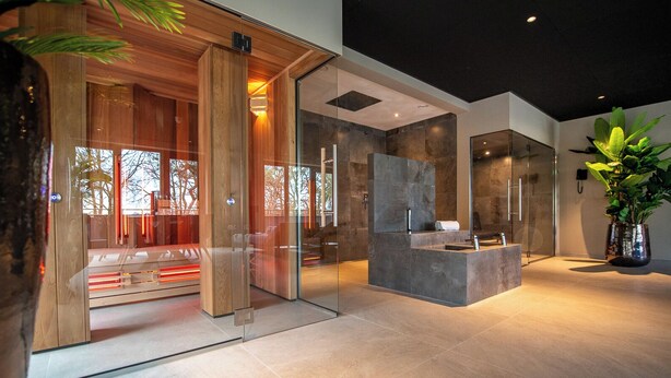 A modern hotel lobby with a reception desk, glass doors, and a large potted plant. - Maashof (Venlo)