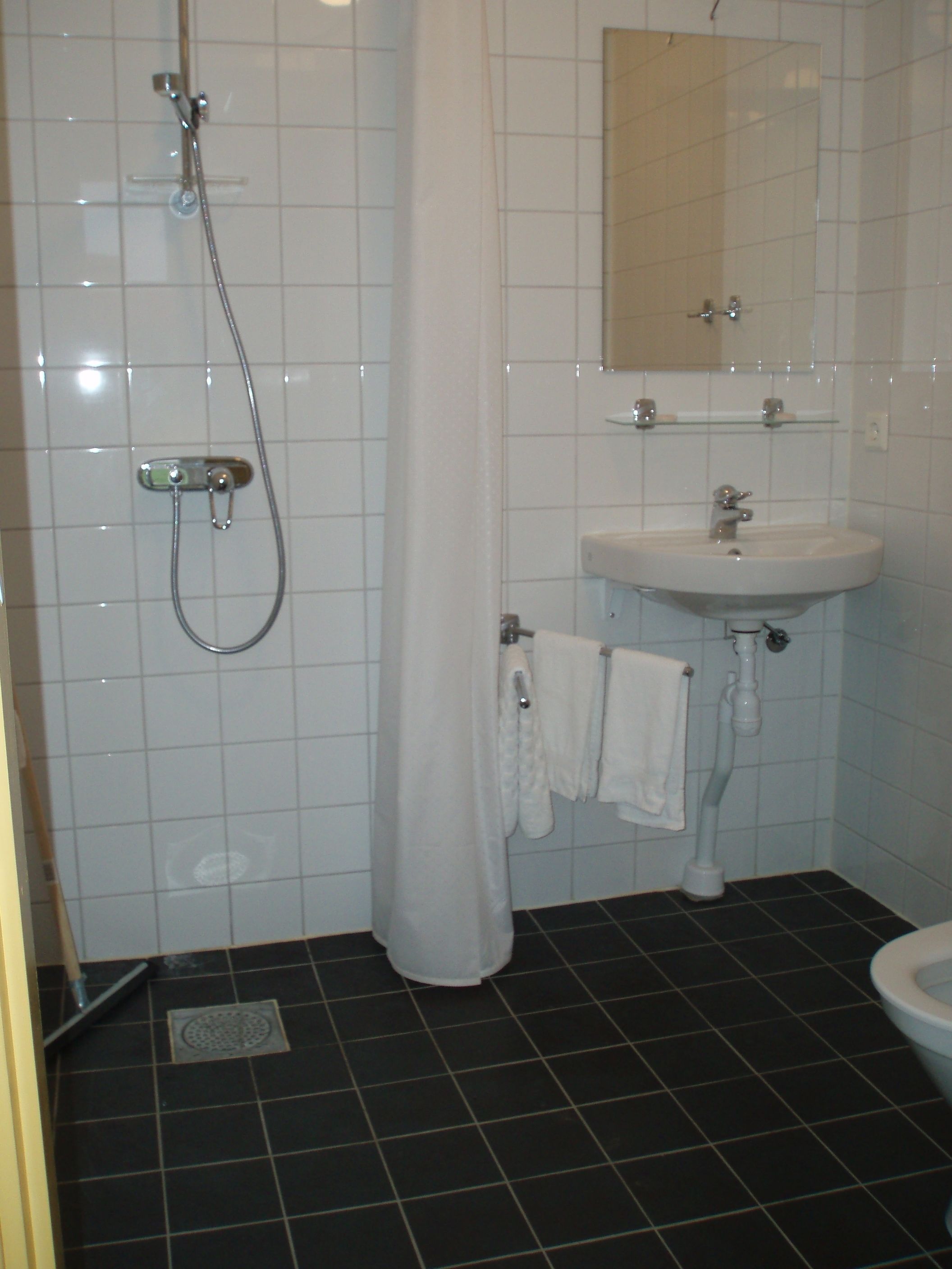 A bathroom with a shower, sink, and toilet.