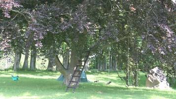 Enjoy a serene outdoor space with a natural play area, campsite, and swing set.