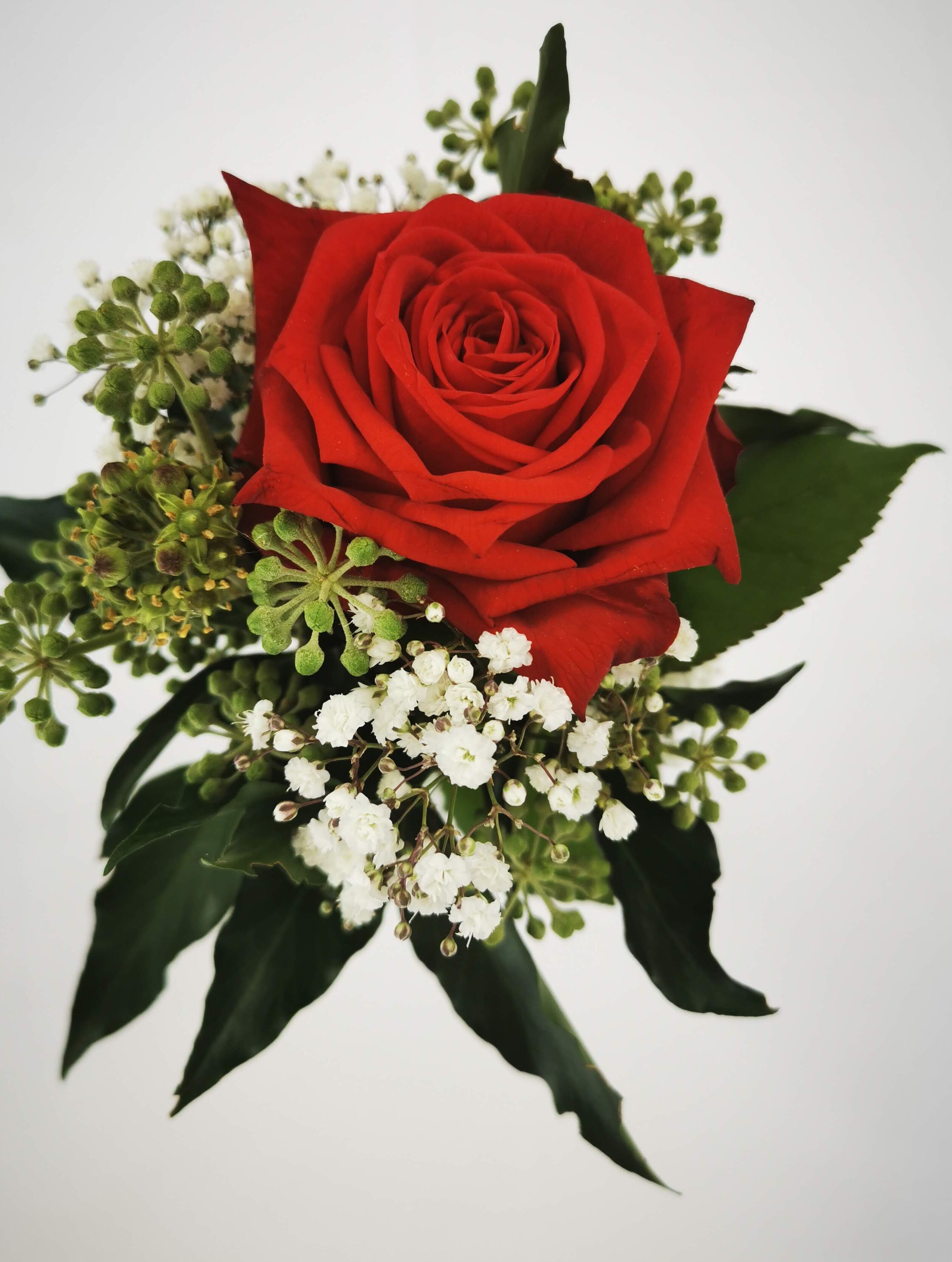 Un bouquet de fleurs comprenant une rose rouge bien visible, des fleurs blanches et du feuillage vert.