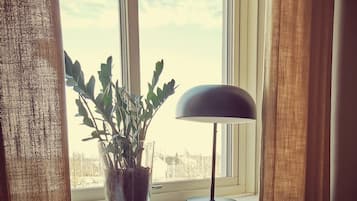 Una ventana con una planta en maceta y una lámpara sobre el radiador.
