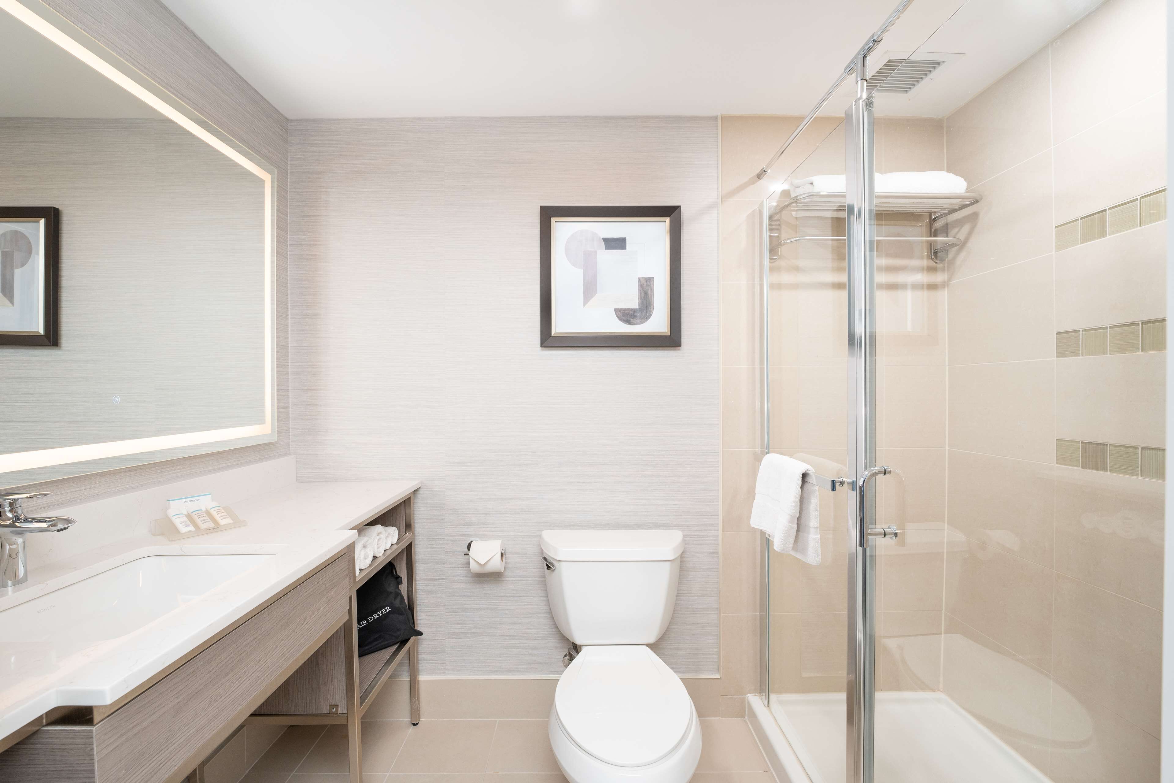 Une salle de bain moderne avec une douche à parois de verre, des toilettes blanches et un grand miroir au-dessus du lavabo.