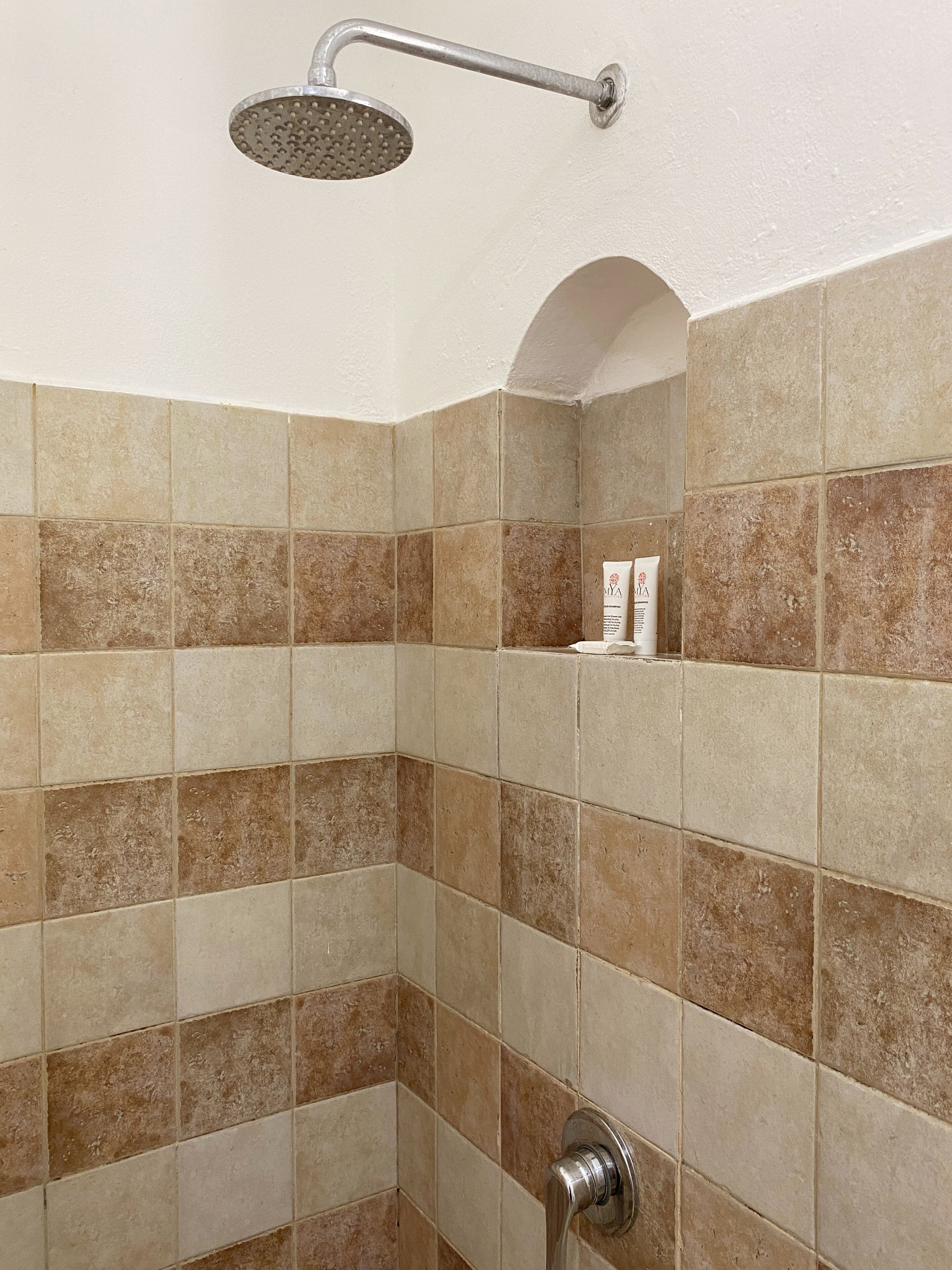 Ducha con cabezal de ducha de mano y grifo empotrado. El espacio de la ducha tiene azulejos color beige y marrón.