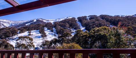 A view from a balcony with a red railing, overlooking a snow-covered landscape with trees and a clear blue sky.