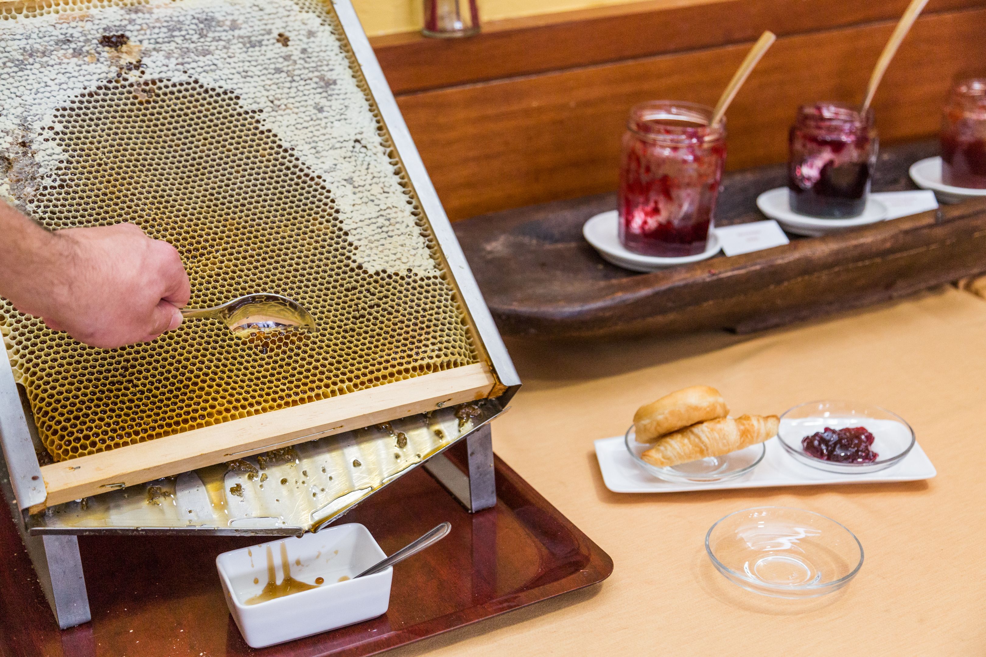 A beekeeping setup with a honeycomb frame, a honey dipper, and jars of honey on a wooden table.