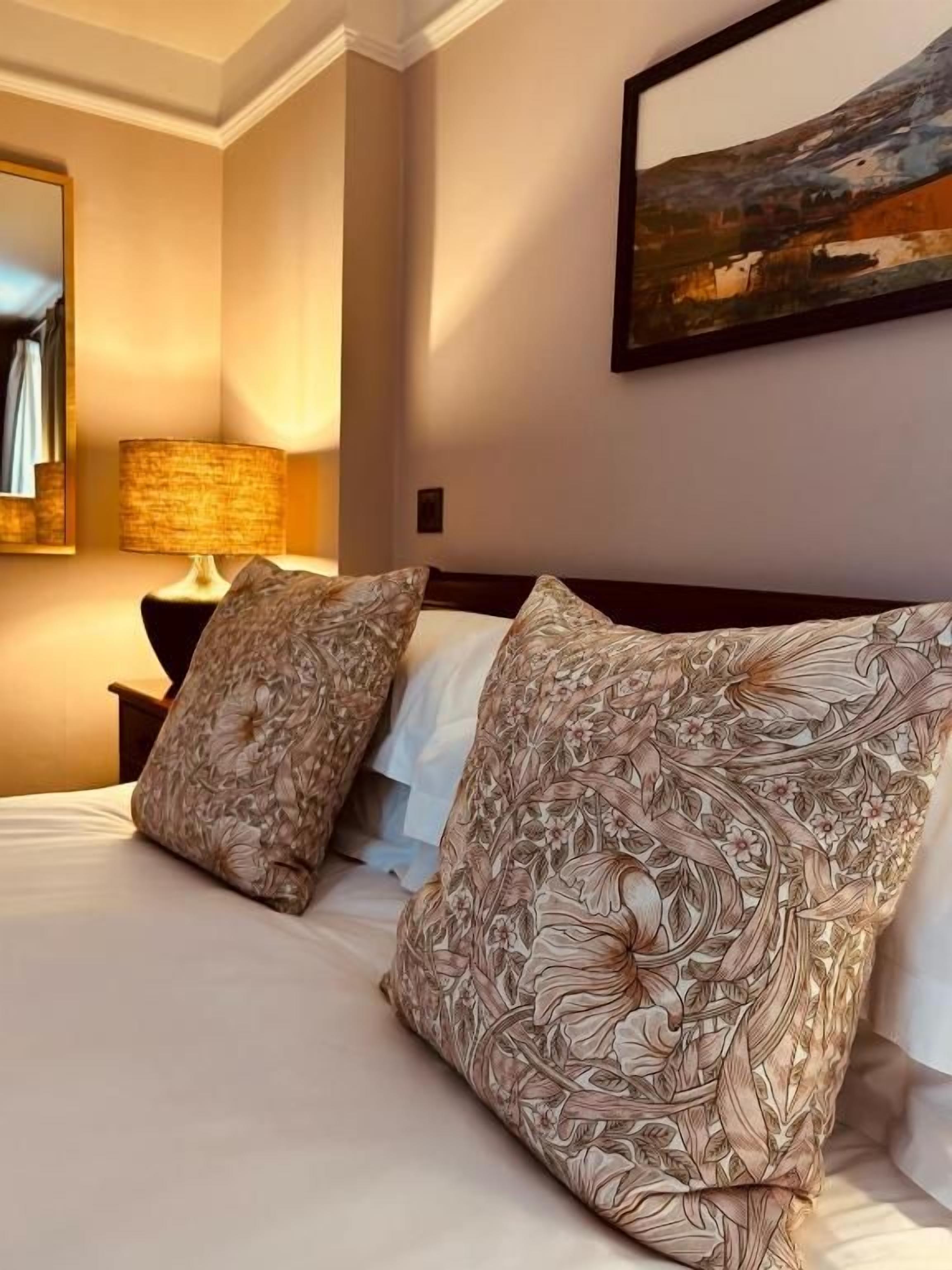 Una habitación de hotel con una cama, dos almohadas estampadas, una mesita de noche con una lámpara y un cuadro en la pared.