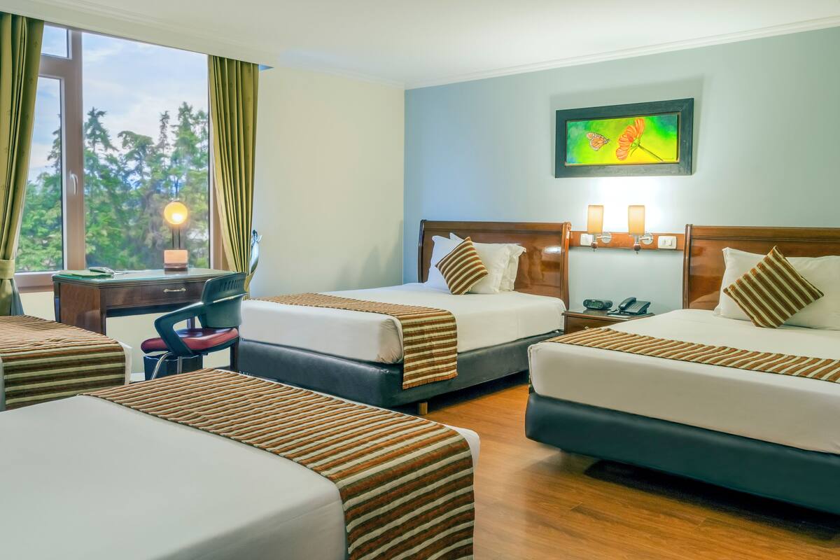 Habitación de hotel con dos camas, un escritorio y una silla. Cuenta con una ventana con cortinas, un cuadro en la pared y una mesita de noche con teléfono y lámpara.