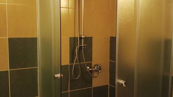 A shower enclosure with a handheld showerhead and a wall-mounted faucet.