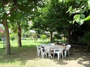 Un área de comedor al aire libre con una mesa y sillas bajo un gran árbol.