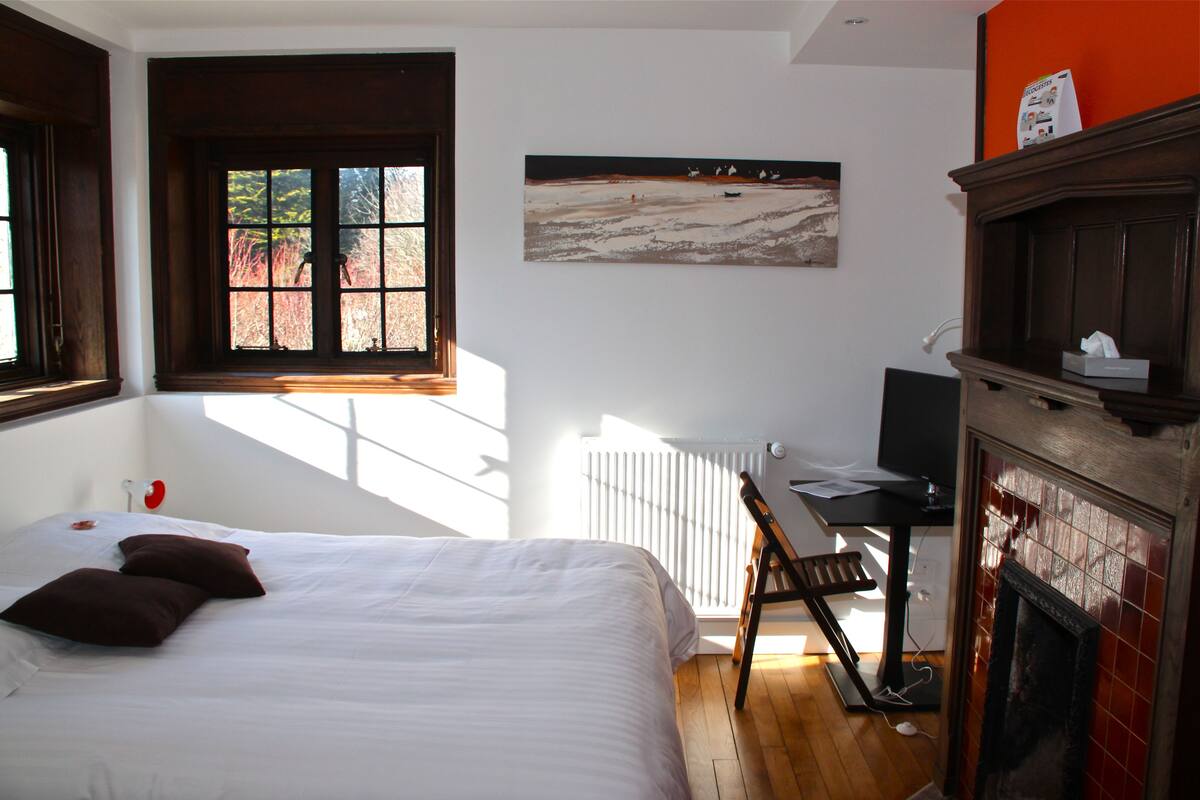 A bedroom with a bed, a desk, a chair, a fireplace, and a window with a view of trees.