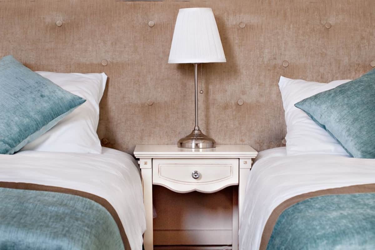 A double bed with a headboard, a bedside table with a lamp, and matching pillows.