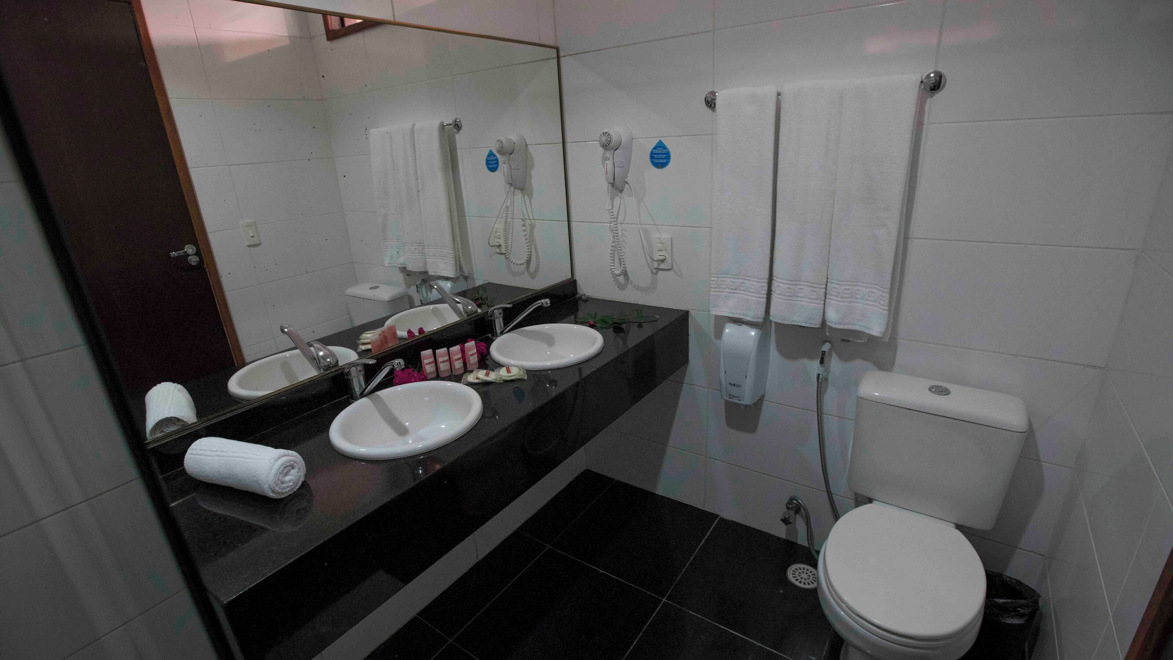 A bathroom with two sinks, a toilet, and a mirror.