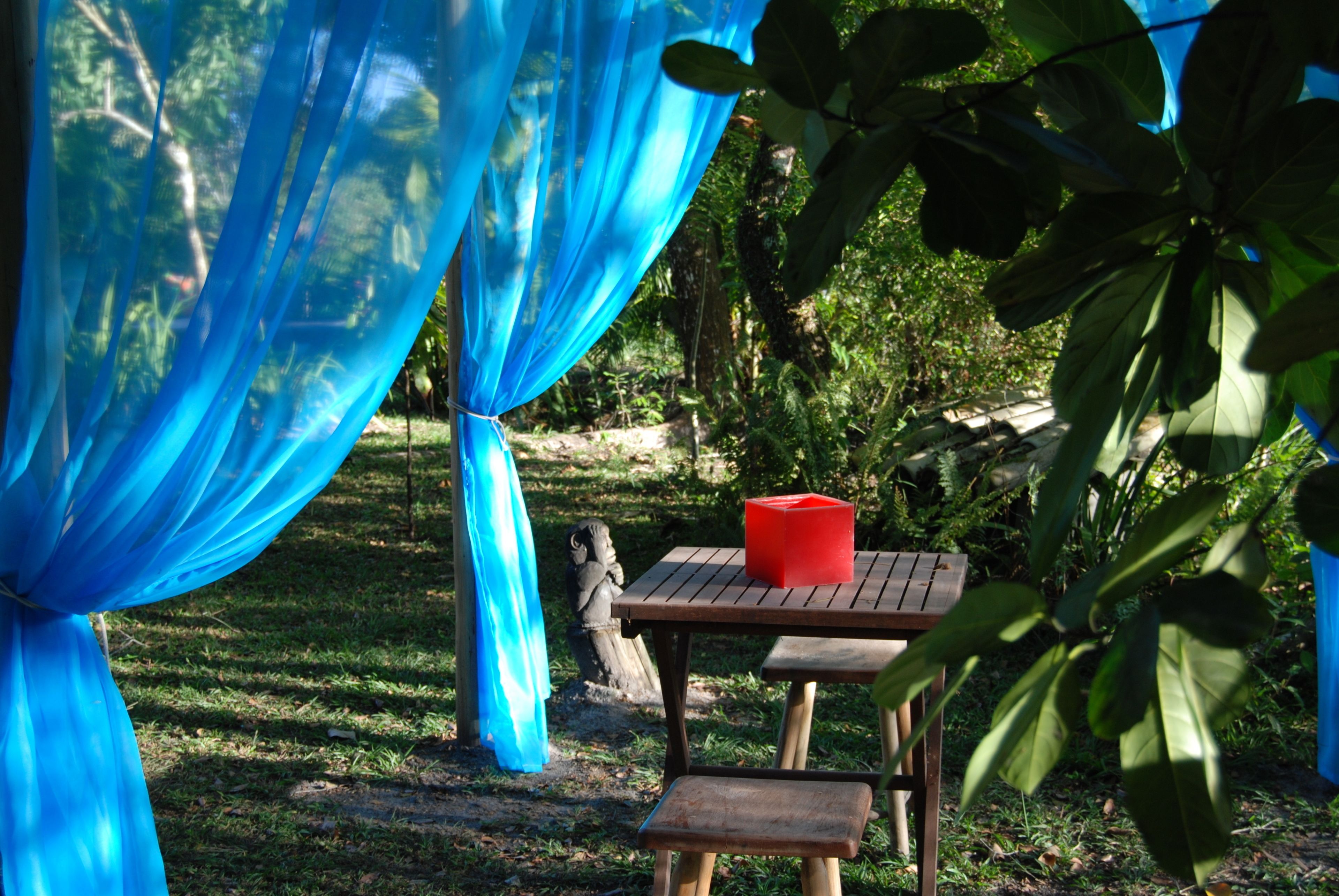 A wooden table with a red object on it, surrounded by greenery and a statue.