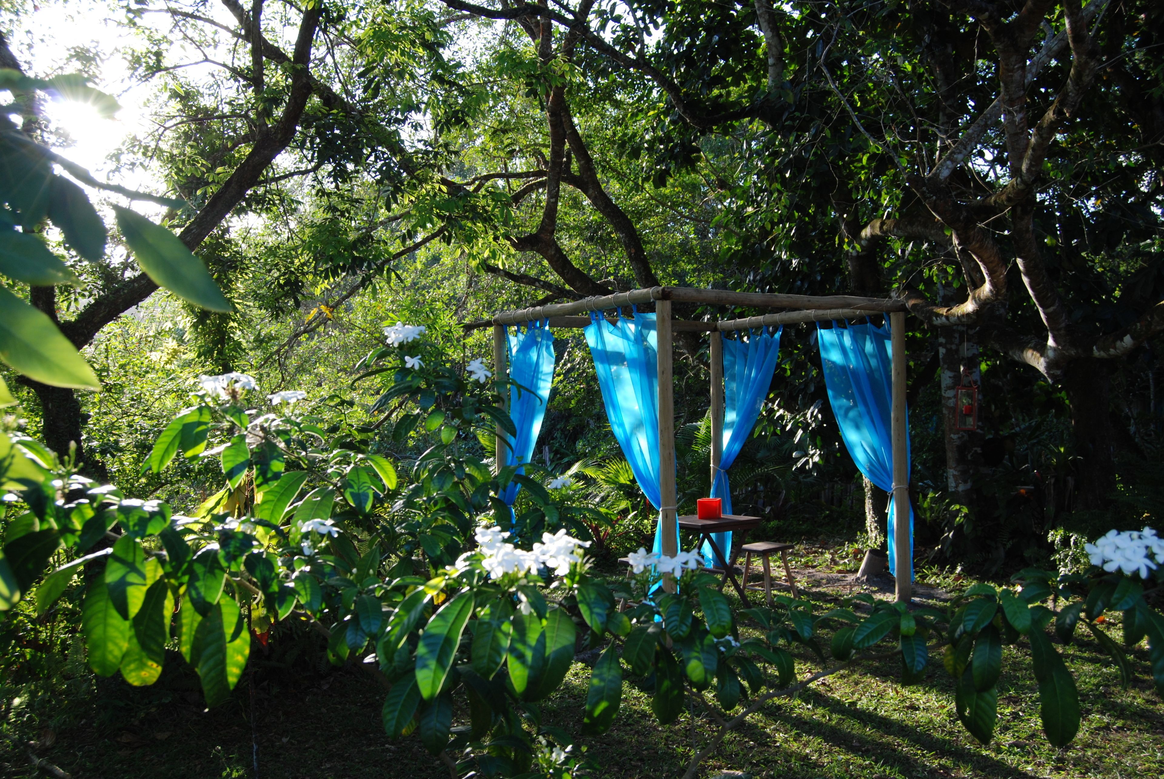 A gazebo with blue curtains, surrounded by lush greenery and white flowers.