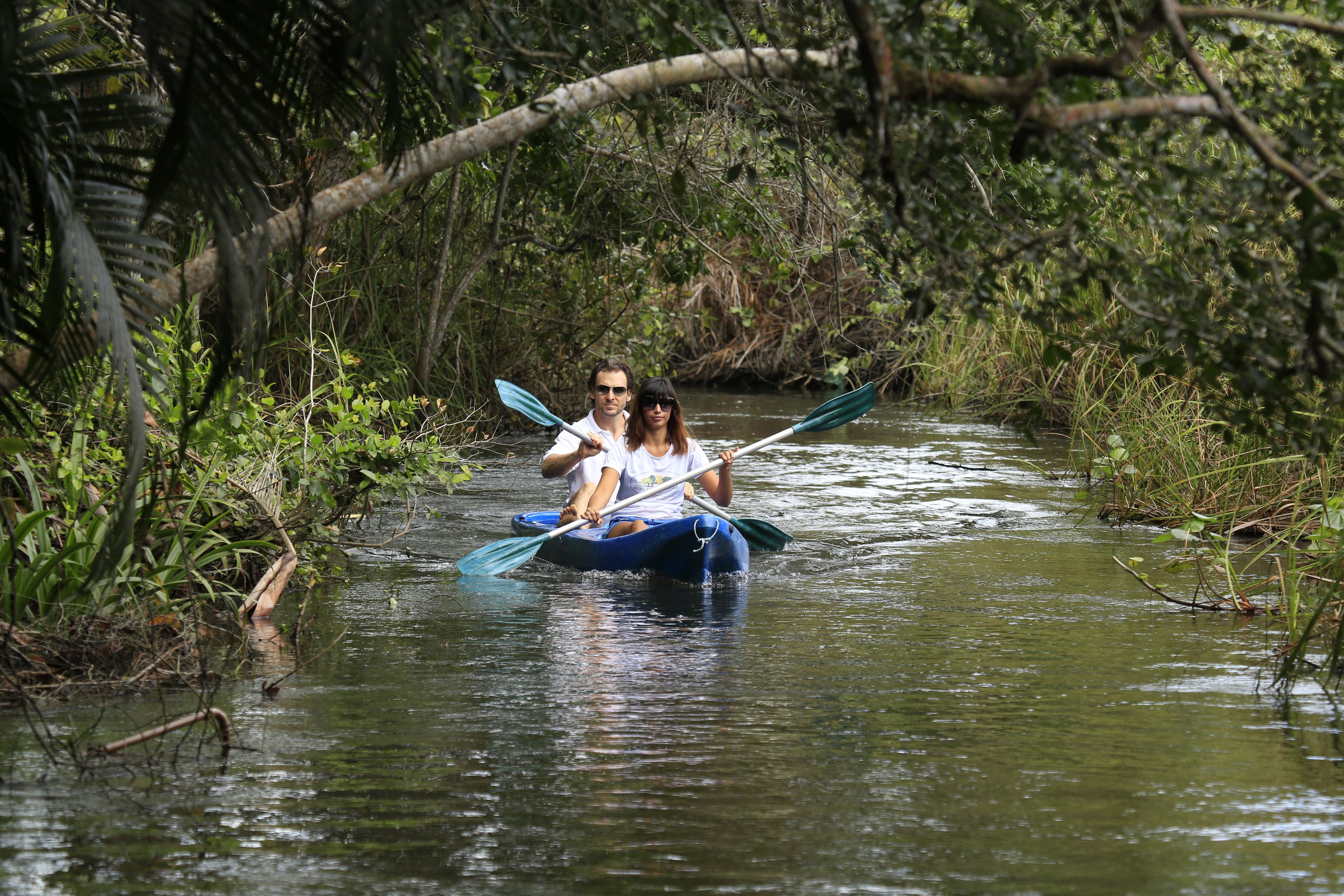 Dos personas en un kayak azul en un río rodeado de vegetación densa.