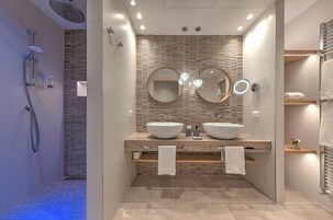 Rainfall showerhead, hair dryer, bidet, towels
