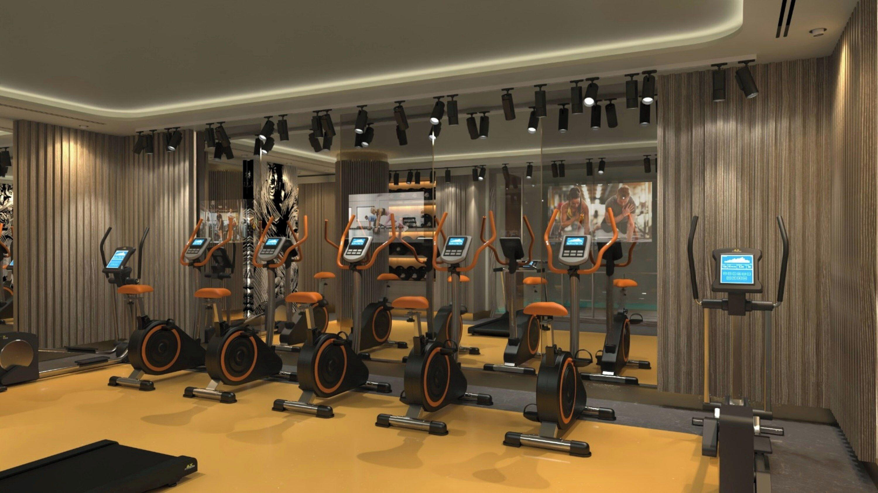 A gym with multiple cardio machines, mirrors, and a large mirror reflecting the room.