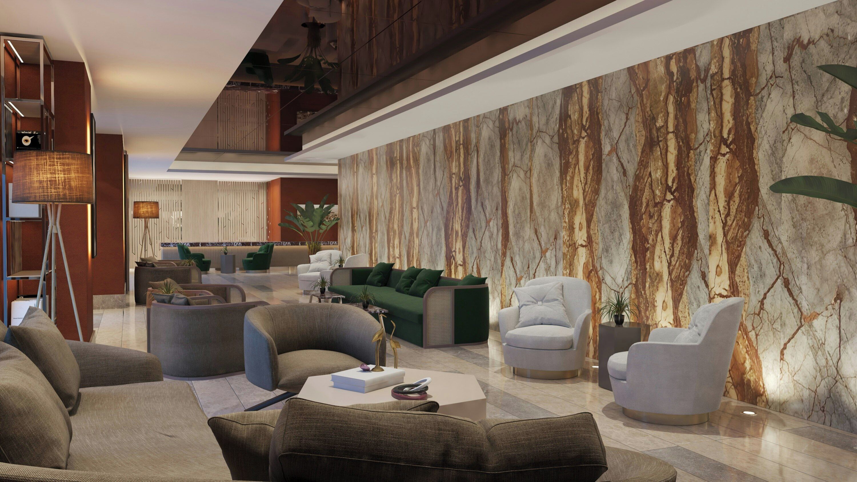 A modern lobby with a high ceiling, marble wall, and contemporary furniture.
