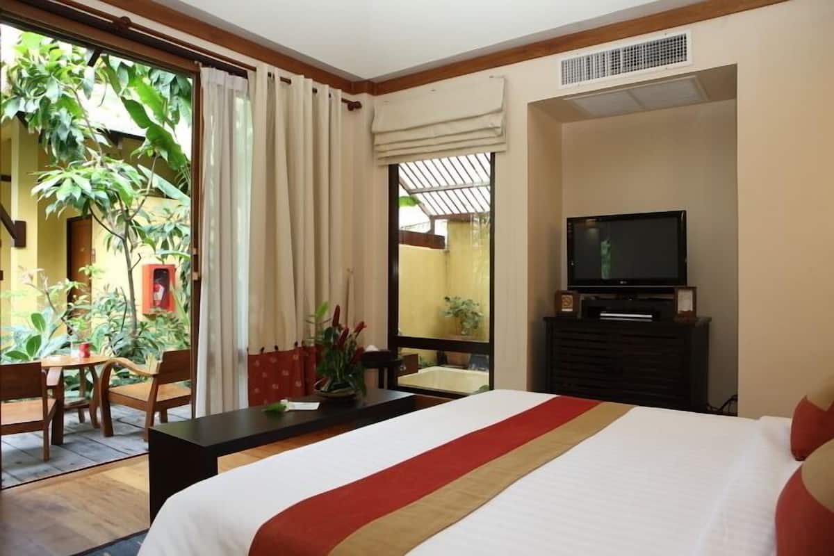 Une chambre d’hôtel avec un lit, une télévision, un bureau et une vue sur un jardin.