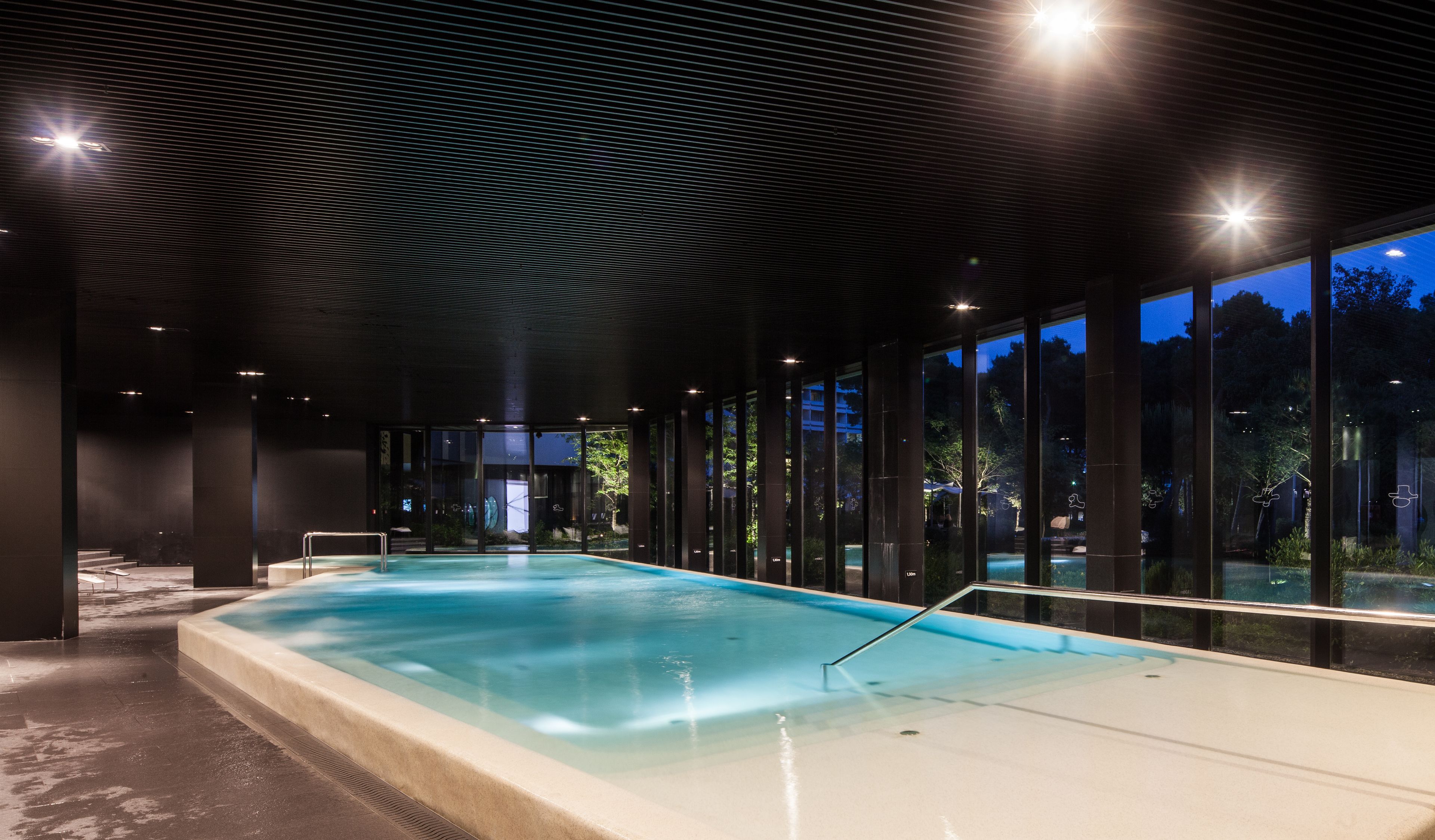 A modern indoor swimming pool with clear glass walls, a tiled floor, and a pool ladder.