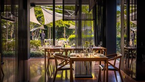 Un comedor interior con mesas y sillas, ventanas amplias y vistas al jardín exterior.