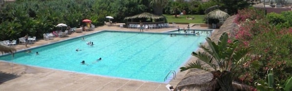 Outdoor pool, pool umbrellas, pool loungers