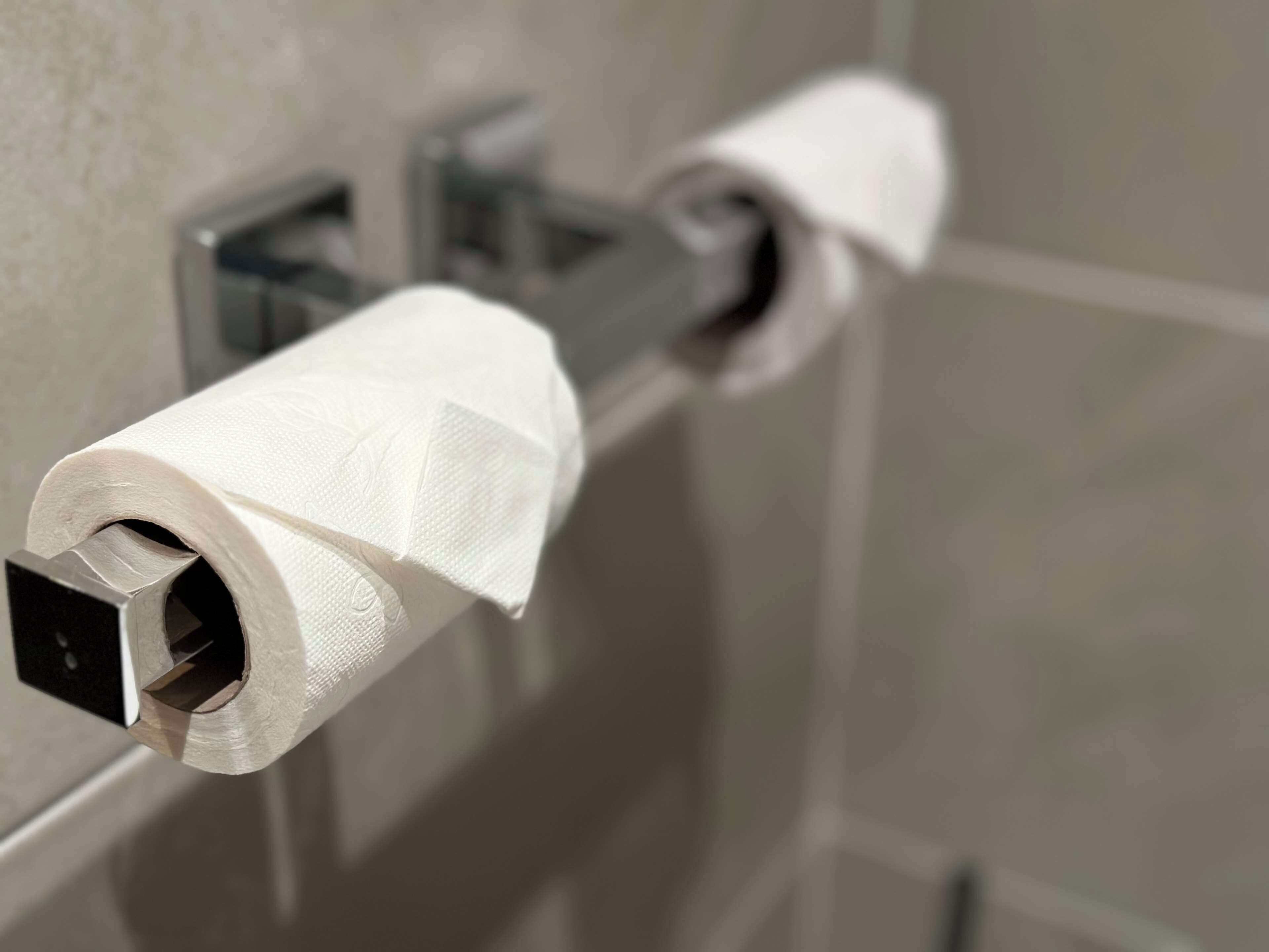 A toilet paper holder with two rolls of toilet paper.