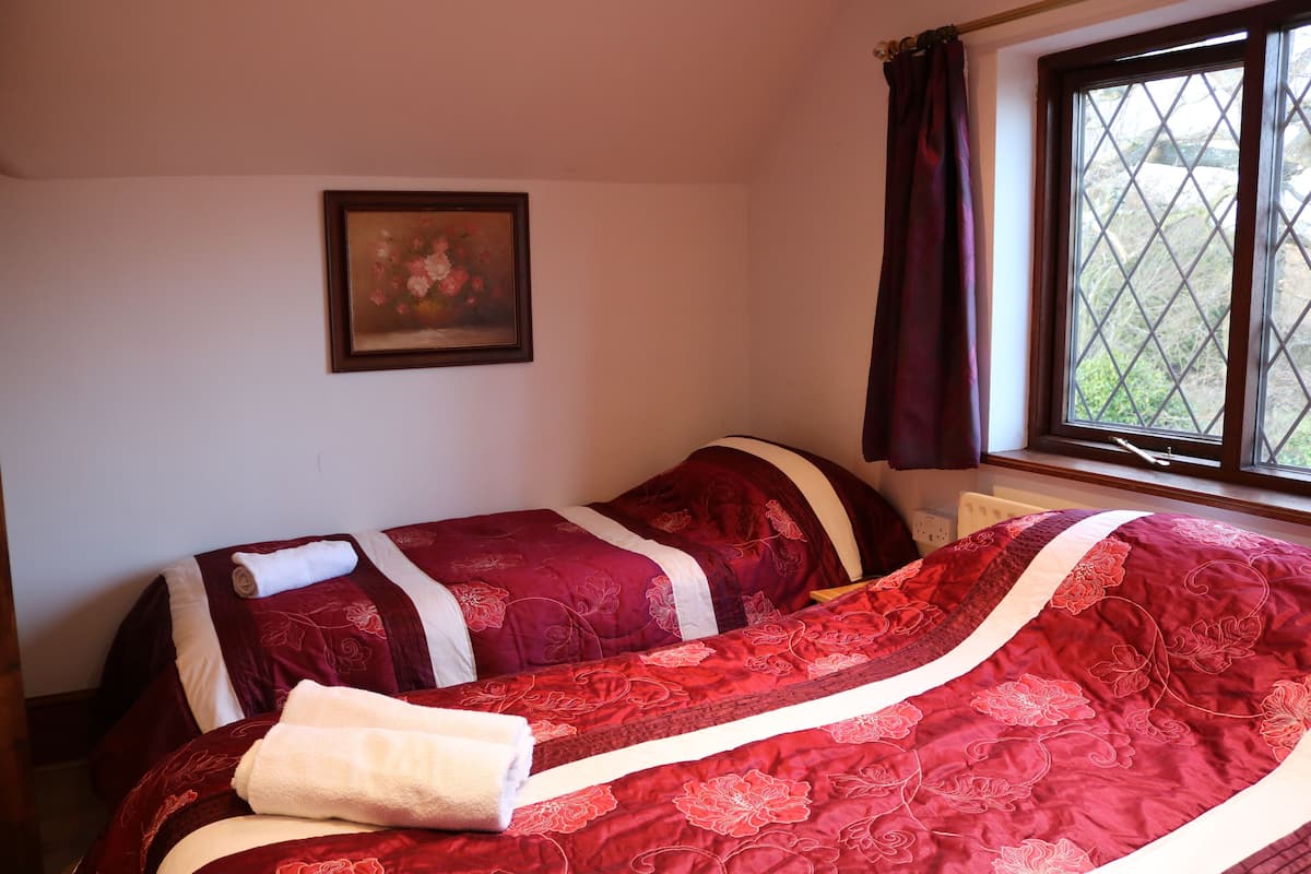 Ein Schlafzimmer mit zwei Betten, einem Fenster mit Vorhängen und einem gerahmten Bild an der Wand.