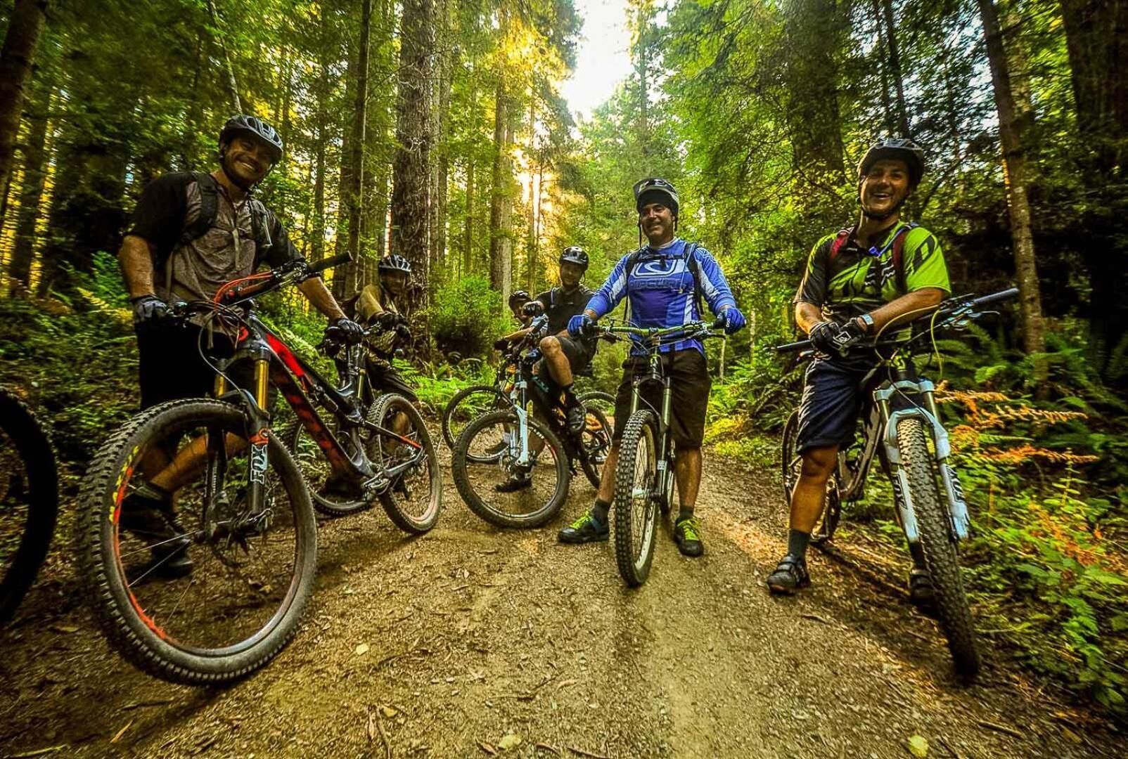 Un gruppo di ciclisti da mountain bike su un sentiero forestale, con le loro biciclette.